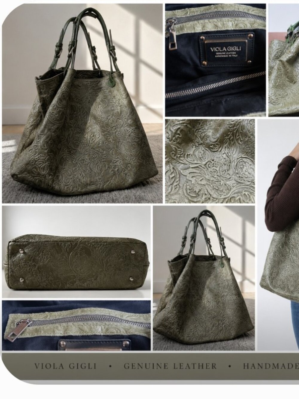Viola Gigli Italian Leather Embossed Paisley Tote Bag Handmade Italy Olive Green
